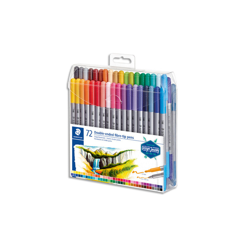 STAEDTLER Set 72 Feutres de coloriage double pointe fine 0,5 à 0,8mm et large 3mm, à base d'eau, assortis