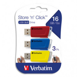 VERBATIM Pack de 3 clés USB 3.0 rétractables 16Go Store 'n' Click Rouge/Bleu/Jaune 49306