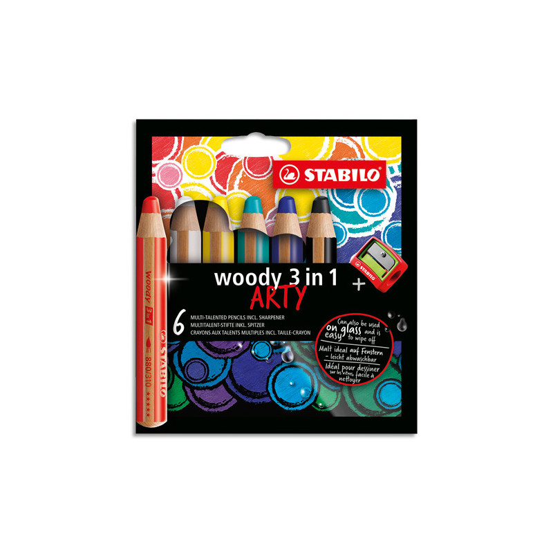STABILO woody 3in1 ARTY crayon de couleur - Etui carton de 6 crayons + taille-crayon - Coloris assortis