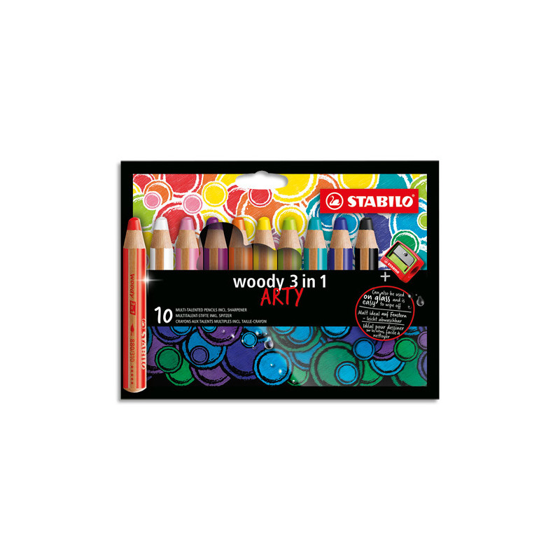 STABILO woody 3in1 ARTY crayon de couleur - Etui carton de 10 crayons + taille-crayon - Coloris assortis