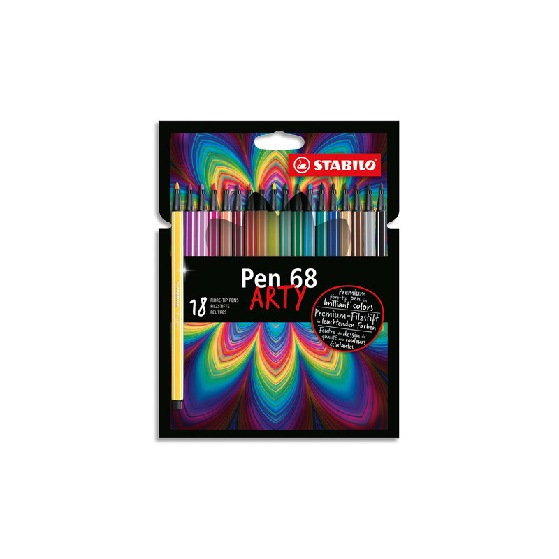 STABILO Pen 68 ARTY feutre de dessin pointe moyenne - Etui carton de 18 feutres - Coloris assortis