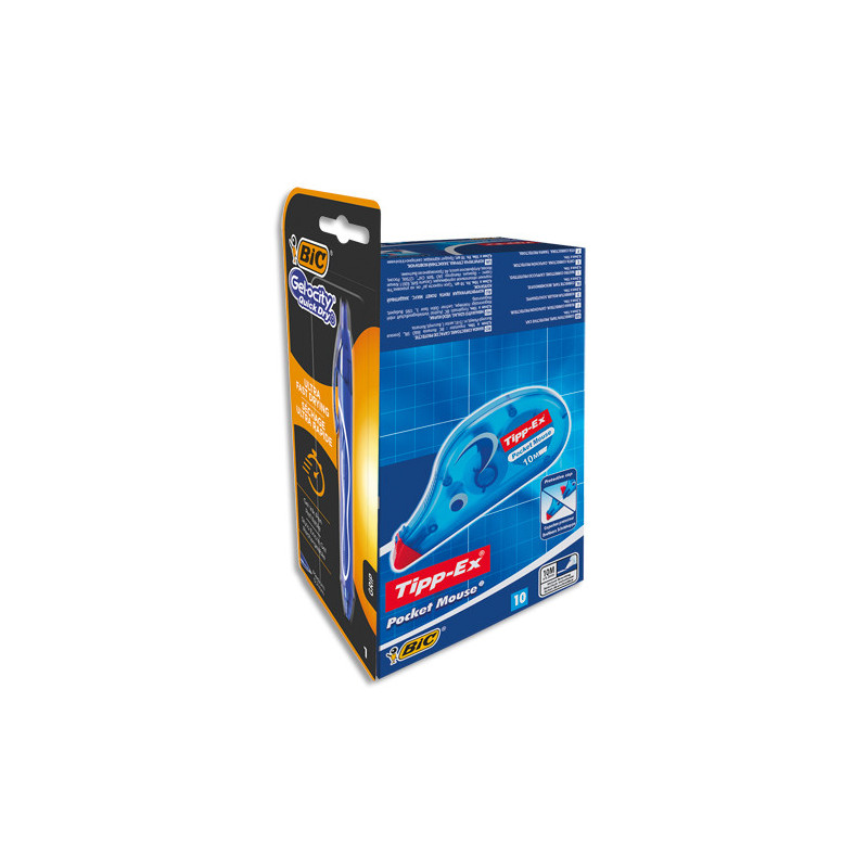 BIC Tipp-Ex Pocket Mouse Rubans Correcteurs et Stylo Gel BIC Gel-ocity Quick Dry-Encre Bleue, Lot de 10+1