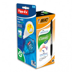 BIC Atlantis Classic Stylos-Bille Encre Noire Tipp-Ex Easy Refill Ruban Correcteur + Recharge Lot de 12+2