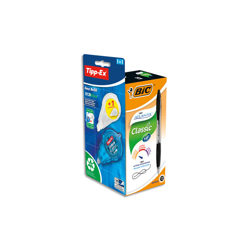 BIC Atlantis Classic Stylos-Bille Encre Noire Tipp-Ex Easy Refill Ruban Correcteur + Recharge Lot de 12+2