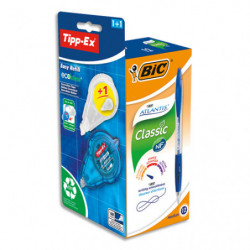 BIC Atlantis Stylo Rétractable Pointe Moyenne - Bleu x12 + Tipp-Ex Ruban Correcteur -x1 + 1 Recharge