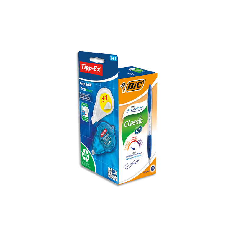 BIC Atlantis Stylo Rétractable Pointe Moyenne - Bleu x12 + Tipp-Ex Ruban Correcteur -x1 + 1 Recharge