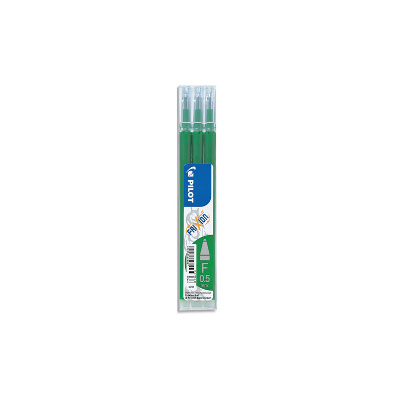 PILOT Set de 3 recharges pour roller FriXion. Pointe fine 0,5 mm. Encre Verte