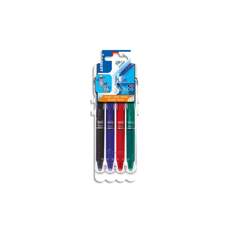 PILOT Evolutive Set de 4 rollers FriXion Clicker pointe moyenne 0,7mm. Assortis Noir, Bleu, Rouge, Vert