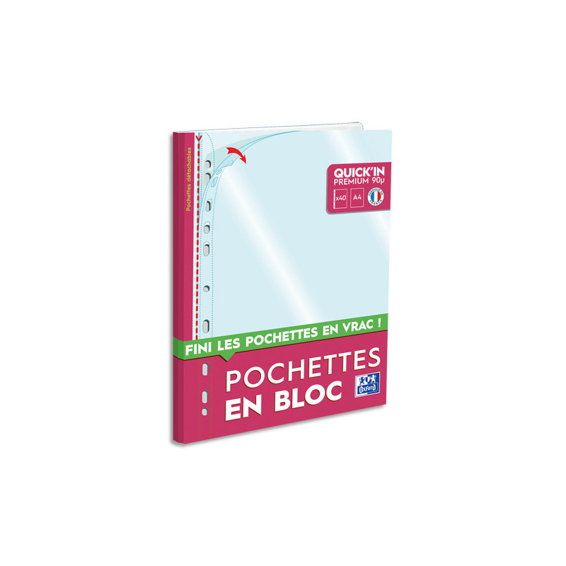 OXFORD Bloc de 40 pochettes perforées Quick' In A4 en polypropylène 9/100e lisse incolore