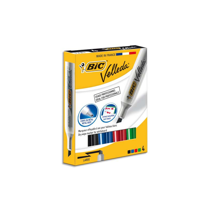 BIC Velleda Feutres 1781 pour Tableau Blanc Effaçables à Sec Pointe Biseau Large - Couleurs Assorties x4