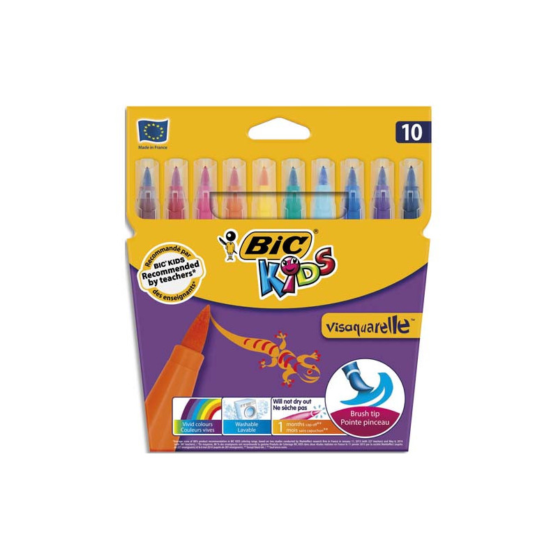 BIC Kids Visaquarelle Feutres de Coloriage avec Pointe Pinceau - Couleurs Assorties, Etui Carton de 10