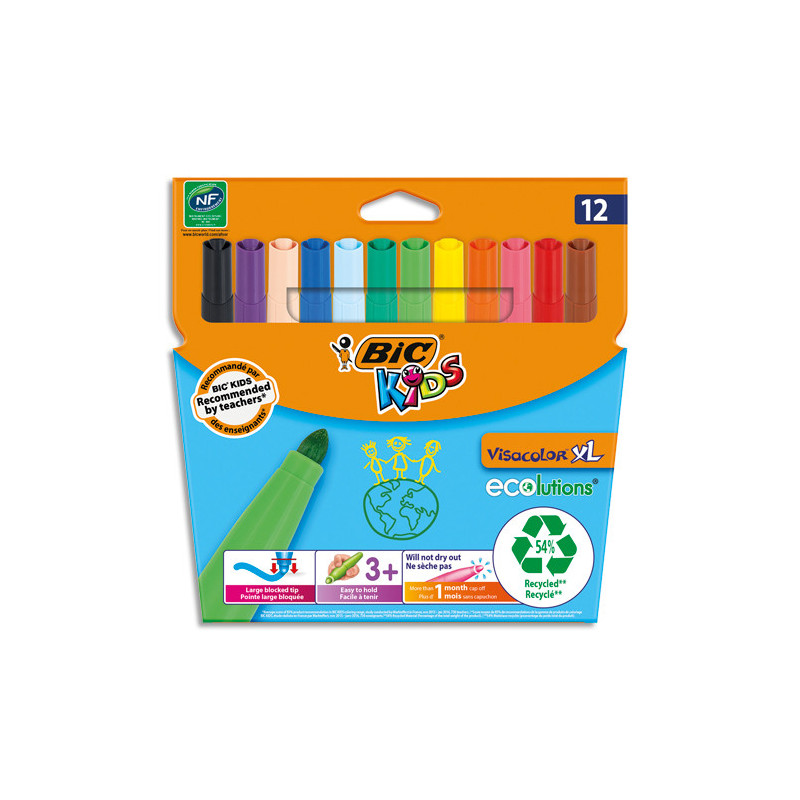 BIC Kids Visacolor XL Feutres de Coloriage à Pointe Large - Couleurs Assorties, Etui Carton de 12