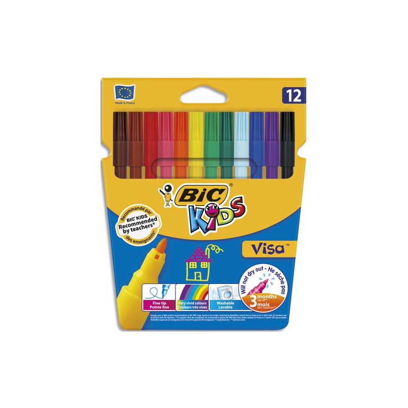 BIC Kids Visa Feutres de Coloriage à Pointe Fine - Couleurs Assorties, Etui Carton de 12