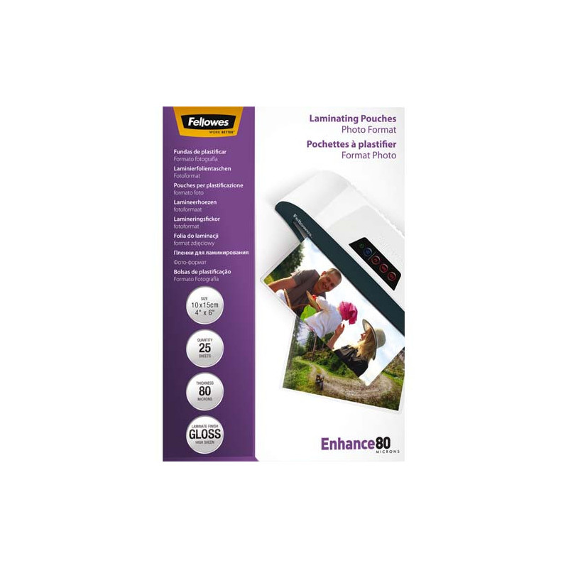 FELLOWES Boîte de 25 pochettes de plastification format photo 10x15 - 80 microns 54406