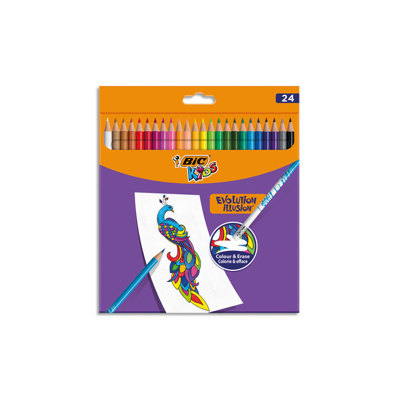 BIC Kids Evolution Illusion Crayons de Couleur Effaçables - Couleurs Assorties, Étui Carton de 24