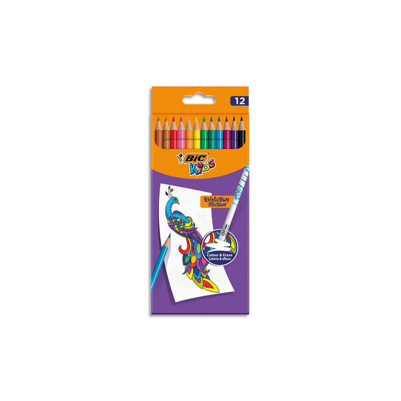 BIC Kids Evolution Illusion Crayons de Couleur Effaçables - Couleurs Assorties, Etui Carton de 12