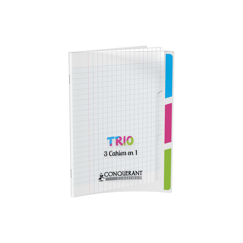 CONQUERANT 9 Cahier 3EN1, agrafé, 17x22 cm, 96 pages, 90g, Seyès, couverture polypro incolore + 3 onglets