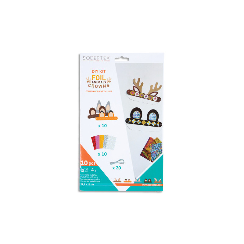 SODERTEX Pack de 10 couronnes FOIL ANIMALS CROWNS + 10 feuilles de foil + 20 élastiq - 17 x 22 cm L621921